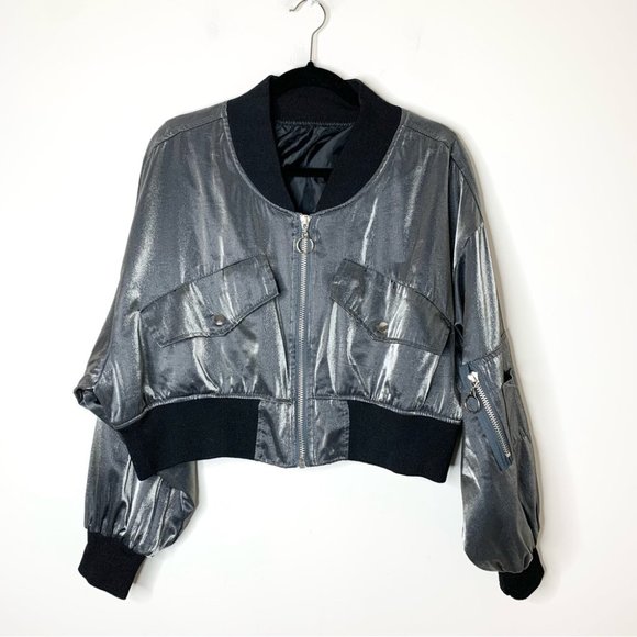 Boutique Jackets & Blazers - Women's Cropped Shiny Metallic Zip Front Bomber Jacket Navy Blue One Size